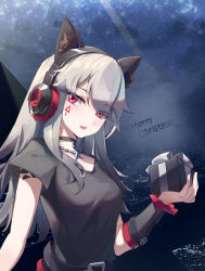 Rule 34 | 1girl, absurdres, animal ears, arknights, arm up, black choker, black shirt, box, breasts, choker, facepaint, fox ears, frostleaf (arknights), gift, gift box, headphones, highres, holding, holding gift, implied extra ears, ling huanxiang, long hair, looking at viewer, material growth, medium breasts, merry christmas, night, night sky, open mouth, oripathy lesion (arknights), red eyes, shirt, short sleeves, silver hair, sky, solo