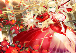 Rule 34 | 119, 1girl, aestus domus aurea, aestus estus, blonde hair, breasts, cleavage, dress, fate/extra, fate (series), flower, green eyes, hairband, highres, holding, holding sword, holding weapon, light smile, long hair, looking at viewer, nero claudius (fate), nero claudius (fate), nero claudius (fate/extra), outstretched arm, over shoulder, red dress, rose, see-through, solo, sword, very long hair, weapon, weapon over shoulder