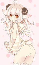Rule 34 | 1girl, ahoge, animal ears, ass, cowboy shot, from side, horns, long hair, looking at viewer, mikan no shiru, no panties, orange eyes, original, pink background, sheep ears, sheep horns, solo, tail, thighhighs, white hair, white thighhighs