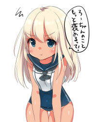 Rule 34 | 10s, 1girl, blonde hair, blue eyes, blush, kantai collection, kuritomo, long hair, pout, ro-500 (kancolle), school uniform, simple background, solo, swimsuit, swimsuit under clothes, tan, tanline, translated, white background