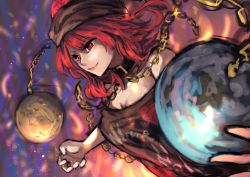 Rule 34 | 1girl, bare shoulders, berabou, chain, clothes writing, collar, earth (ornament), hat, hecatia lapislazuli, long hair, moon (ornament), red eyes, red hair, shirt, skirt, smile, solo, t-shirt, touhou