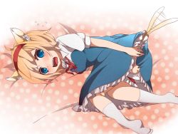 Rule 34 | 1girl, alice margatroid, animal ears, bad id, bad pixiv id, blonde hair, bloomers, blue dress, blue eyes, blush, cat ears, cat girl, cat tail, covering crotch, covering privates, dress, feet, female focus, hairband, kemonomimi mode, lying, meltedsnowjaspers, on side, short hair, solo, tail, tail wagging, tears, touhou, tsuno no hito, underwear, wavy mouth