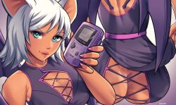 Rule 34 | 1girl, absurdres, animal ears, ass, bare shoulders, bat ears, bat wings, breasts, center opening, cleavage, closed mouth, dracksart, fingernails, game boy, game boy color, handheld game console, highres, holding, holding handheld game console, humanization, large breasts, lips, looking at viewer, lower body, medium hair, multiple views, nail polish, no panties, pink nails, raised eyebrow, rouge the bat, seductive smile, sharp fingernails, sleeveless, smile, sonic (series), tan, tanline, upper body, white hair, wings