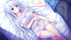 Rule 34 | 1boy, 1girl, bed sheet, black pants, blue eyes, blue shirt, closed mouth, collarbone, from above, game cg, hair between eyes, hair ribbon, lilium (lilium wedding plan), lilium wedding plan, long hair, lying, off-shoulder shirt, off shoulder, official art, on back, on side, pants, pink ribbon, ribbon, sesena yau, shirt, short shorts, short sleeves, shorts, silver hair, smile, solo focus, striped clothes, striped shorts, thigh gap, vertical-striped clothes, vertical-striped shorts, very long hair, white shirt, white shorts
