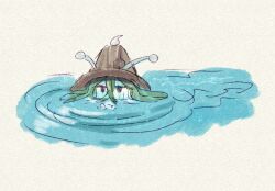 Rule 34 | 1other, amanomori shou, androgynous, antennae, brown hat, chikafumikou, colored skin, green hair, hat, len&#039;en, long hair, mouth submerged, other focus, partially submerged, simple background, sketch, solo, water, wet, white background, white skin