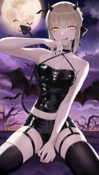 Rule 34 | 1girl, :q, alternate costume, artoria pendragon (all), artoria pendragon (fate), bare shoulders, bat (animal), between legs, black bow, black nails, black thighhighs, blonde hair, bow, breasts, cleavage, criss-cross halter, crop top, demon girl, demon horns, demon tail, demon wings, fate (series), finger to mouth, full moon, hair bow, halloween, halterneck, hand between legs, hand up, highres, horns, leather, looking at viewer, medium breasts, meltymaple, midriff, moon, nail polish, night, night sky, on ground, outdoors, platinum blonde hair, saber alter, short shorts, shorts, skindentation, sky, sleeveless, slit pupils, smile, solo, spread legs, star (sky), starry sky, tail, thighhighs, thighs, tongue, tongue out, wings, yellow eyes
