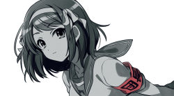 Rule 34 | 1girl, armband, asada hachi, closed mouth, commentary request, floating hair, grey background, greyscale, hairband, highres, kita high school uniform, looking at viewer, medium hair, monochrome, red armband, sailor collar, school uniform, serafuku, shirt, simple background, solo, spot color, suzumiya haruhi, suzumiya haruhi no yuuutsu, upper body
