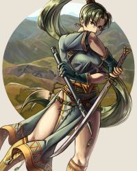 Rule 34 | 1girl, absurdres, beads, boots, breasts, dress, earrings, fingerless gloves, fire emblem, fire emblem: the blazing blade, gloves, green eyes, green hair, high ponytail, highres, holding, holding sheath, holding sword, holding weapon, jewelry, large breasts, long hair, lyn (fire emblem), mountain, mountainous horizon, nayuun, nintendo, ponytail, sheath, side slit, solo, sword, very long hair, weapon