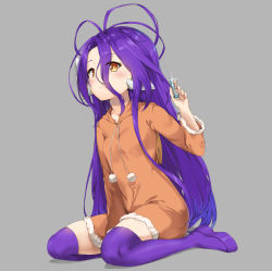 Rule 34 | 1girl, ahoge, blush, chess piece, closed mouth, full body, grey background, hair between eyes, highres, holding, long hair, looking at viewer, mechanical parts, no game no life, pixel (yuxian), purple hair, seiza, shuvi (no game no life), simple background, sitting, thighhighs, very long hair, yellow eyes