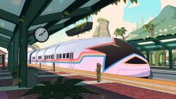 Rule 34 | blue sky, clock, cloud, day, digimin, door, hanging plant, highres, mountain, no humans, official art, outdoors, palm tree, plant, potted plant, scenery, sky, sonic (series), the murder of sonic the hedgehog, train, train (the murder of sonic the hedgehog), train station, trash can, tree, window