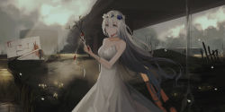 Rule 34 | 1girl, bad id, bad nicoseiga id, bandaged arm, bandages, bare shoulders, blood, bloody bandages, blue eyes, blue flower, branch, breasts, building, chihuri, cleavage, cloud, cloudy sky, collarbone, commentary request, dress, flower, flower wreath, grey hair, hair between eyes, head wreath, highres, long hair, medium breasts, nemophila (flower), original, outdoors, overcast, overpass, sky, sleeveless, sleeveless dress, solo, standing, very long hair, water, white dress, white flower