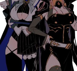 Rule 34 | 2girls, arms under breasts, belt, black cloak, black dress, black nails, black thighhighs, blouse, blue cape, bow, breast hold, breasts, cape, center opening, cleavage, cleavage cutout, cloak, clothing cutout, cowboy shot, crop top, detached sleeves, dress, grey bow, hand on own hip, head out of frame, hololive, hololive english, mamaloni, miniskirt, mori calliope, multiple girls, nail polish, ouro kronii, ouro kronii (1st costume), pink hair, see-through, see-through sleeves, shirt, side slit, simple background, skindentation, skirt, standing, striped clothes, striped skirt, thighhighs, underboob, vertical-striped clothes, vertical-striped skirt, virtual youtuber, white background, white belt, white shirt, zipper