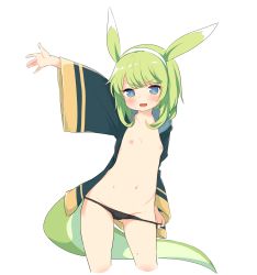 Rule 34 | + +, 1girl, :d, animal ears, arm up, black panties, blue eyes, blush, breasts, bright pupils, collarbone, cowboy shot, cropped legs, done (donezumi), fang, green hair, hairband, highres, large tail, leaning to the side, navel, nipples, no bra, open clothes, open mouth, original, panties, panty pull, simple background, small breasts, smile, solo, tail, underwear, v-shaped eyebrows, white background, wide hips, wide sleeves