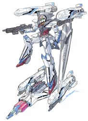 Rule 34 | clenched hand, core fighter, green eyes, gun, gundam, highres, holding, holding gun, holding weapon, mecha, mobile suit, no humans, original, robot, science fiction, spacecraft, starfighter, weapon, white background, yonemura kouichirou
