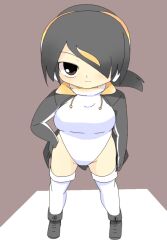 Rule 34 | 1girl, black footwear, black hair, black hoodie, blush, boots, breasts, brown background, brown eyes, closed mouth, commentary request, emperor penguin (kemono friends), full body, hair over one eye, hand on own hip, hood, hoodie, kemono friends, large breasts, leotard, lets0020, looking at viewer, multicolored hair, open clothes, open hoodie, orange hair, simple background, smile, solo, standing, thighhighs, white thighhighs