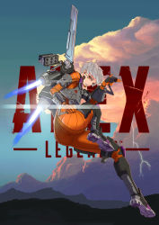 Rule 34 | absurdres, apex legends, ass, black footwear, bodysuit, cloud, copyright name, finger gun, floating, hair behind ear, highres, huge filesize, in-universe location, jetpack, lightning, logo, looking to the side, armored boots, mountain, orange bodysuit, orange eyes, parted lips, science fiction, smile, solo, tbocart, thrusters, valkyrie (apex legends), world&#039;s edge