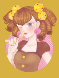Rule 34 | 1girl, brown hair, d-pop, earrings, green nails, jewelry, jojon, lips, mister donut, nail polish, one eye closed, orange nails, personification, pink nails, purple nails, simple background, solo, upper body, yellow nails
