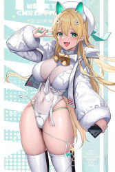 Rule 34 | 1girl, absurdres, animal ears, bell, between breasts, blonde hair, blush, breasts, cellphone, copyright request, covered navel, cowboy shot, dated, fang, fur hat, gaosu gong lu, goddess of victory: nikke, green eyes, green nails, hat, highleg, highleg leotard, highres, impossible clothes, jacket, large breasts, leotard, long hair, long sleeves, looking at viewer, merry christmas, nail polish, narrow waist, neck bell, necktie, necktie between breasts, open clothes, open jacket, open mouth, panty straps, phone, rupee (nikke), rupee (winter shopper) (nikke), see-through, see-through leotard, silk, smartphone, smile, solo, spider web, thick thighs, thighhighs, thighs, v, very long hair, white hat, white jacket, white leotard, white necktie, white thighhighs