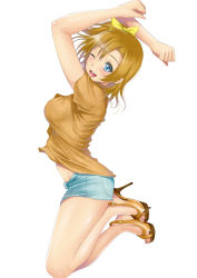 Rule 34 | 10s, 1girl, arms up, blue eyes, bow, brown hair, denim, denim shorts, hair bow, high heels, kosaka honoka, looking at viewer, love live!, love live! school idol project, midriff, muffin (sirumeria), one eye closed, open mouth, open shoes, platform footwear, platform heels, shiny skin, short hair, short shorts, shorts, smile, solo, stiletto heels