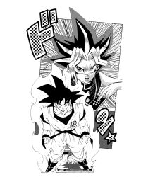 Rule 34 | 2boys, absurdres, belt, black eyes, black hair, blonde hair, card, crossover, dougi, dragon ball, dragonball z, dyed bangs, fenyon, greyscale, highres, holding, holding card, looking at viewer, male focus, monochrome, multicolored hair, multiple boys, muscular, muscular male, open mouth, pants, pectorals, saiyan, shirt, short hair, son goku, spiked hair, wristband, yami yugi, yu-gi-oh!, yu-gi-oh! duel monsters