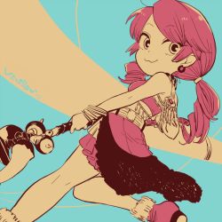Rule 34 | 1girl, :3, bracelet, breasts, closed mouth, earrings, final fantasy, final fantasy xiii, jewelry, long hair, looking at viewer, midriff, oerba dia vanille, pink hair, short twintails, skirt, smile, solo, staff, twintails, yukataro