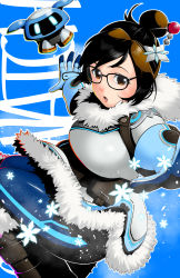 Rule 34 | 1girl, absurdres, beads, belt, belt pouch, black-framed eyewear, black hair, blue gloves, blue legwear, boots, brown eyes, brown hair, canteen, character name, coat, copyright name, drone, english text, floating, fur boots, fur coat, fur trim, glasses, gloves, hair bun, hair ornament, hair stick, hairpin, highres, kalua (artist), mei (overwatch), multicolored hair, open mouth, outstretched arms, overwatch, overwatch 1, parka, pouch, robot, short hair, single hair bun, snowball (overwatch), snowflakes, solo, swept bangs, text focus, two-tone hair, utility belt, winter clothes, winter coat