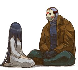 Rule 34 | bad id, bad pixiv id, black shirt, blouse, blue skin, colored skin, couple, crossover, friday the 13th, hair over face, hockey mask, indian style, jason voorhees, long hair, mask, shirt, simple background, sitting, the ring, very long hair, wariza, white background, yamamura sadako