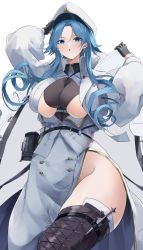 Rule 34 | 1girl, :o, arms up, azur lane, belt pouch, black footwear, black gloves, blue eyes, blue hair, blush, boots, breasts, clothing cutout, coat, coat dress, commentary, cowboy shot, dress, ekaki no mime, fur-trimmed coat, fur trim, gloves, groin, hair between eyes, hand on headwear, hat, highres, large breasts, long hair, long sleeves, looking at viewer, mole, mole on body, open clothes, open coat, parted bangs, peaked cap, pouch, ringlets, side slit, sidelocks, simple background, skindentation, solo, sovetskaya belorussiya (azur lane), standing, thigh boots, thighhighs, thighs, underboob, very long hair, white background, white coat, white dress, white hat