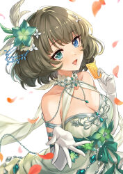 Rule 34 | 1girl, arm ribbon, bare shoulders, blue eyes, blush, breasts, brown hair, card, chain, cleavage, collarbone, dress, elbow gloves, falling petals, feather hair ornament, feathers, flower, gloves, green eyes, green hair, hair flower, hair ornament, heterochromia, highres, holding, holding card, idolmaster, idolmaster cinderella girls, idolmaster cinderella girls starlight stage, iku2727, jewelry, looking at viewer, medium breasts, mole, mole under eye, necklace, open mouth, petals, ribbon, sash, short hair, simple background, smile, solo, takagaki kaede, white dress, white gloves