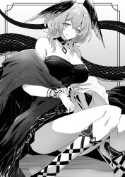 Rule 34 | 1girl, arknights, bare shoulders, bracelet, breasts, collarbone, commentary, dress, greyscale, head wings, highres, ho&#039;olheyak (arknights), iwashi 80, jewelry, large breasts, medium hair, monochrome, official alternate costume, shawl, sitting, smile, solo, strapless, strapless dress, symbol-only commentary, tail, wings