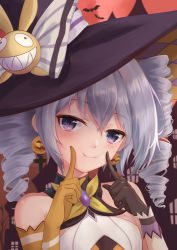 Rule 34 | 1girl, absurdres, asymmetrical gloves, bat (animal), black gloves, bronya zaychik, bronya zaychik (snowy sniper), closed mouth, drill hair, earrings, elbow gloves, gloves, grey eyes, grey hair, hair between eyes, halloween, halloween costume, hand on own face, hat, highres, homu (honkai impact), honkai (series), honkai impact 3rd, index finger raised, jewelry, looking at viewer, mismatched gloves, outdoors, red sky, sky, smile, solo, twin drills, witch hat, yelan xing xuan, yellow gloves