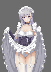Rule 34 | 1girl, apron, azur lane, belfast (azur lane), blush, bow, bow panties, braid, breasts, cleavage, closed mouth, clothes lift, collar, collarbone, dress, dress lift, elbow gloves, french braid, frilled gloves, frills, garter straps, gloves, grey background, highres, large breasts, lifting own clothes, long hair, looking at viewer, maid, maid headdress, panties, pantyshot, purple eyes, sidelocks, silver hair, simple background, skindentation, skirt, skirt lift, smile, solo, standing, thighhighs, thighs, underwear, white gloves, white panties, white thighhighs, z-jun.dd-zhong