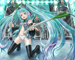 Rule 34 | bad id, bad pixiv id, bare shoulders, boots, detached sleeves, green eyes, green hair, hatsune miku, headset, kneeling, long hair, necktie, open clothes, open shirt, panties, phase, shirt, solo, spring onion, striped clothes, striped panties, thigh boots, thighhighs, twintails, underwear, very long hair, vocaloid