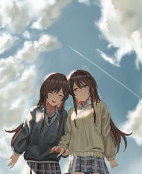 Rule 34 | 2girls, absurdres, blue necktie, blue sky, blush, brown hair, closed mouth, contrail, day, grey skirt, grey sweater, highres, holding another&#039;s arm, idolmaster, idolmaster shiny colors, jovhodelp, long hair, long sleeves, looking at viewer, multiple girls, necktie, open mouth, osaki amana, osaki tenka, plaid, plaid skirt, pleated skirt, school uniform, shirt, siblings, sisters, skirt, sky, smile, striped necktie, sweater, swept bangs, twins, white shirt, yellow eyes, yellow sweater