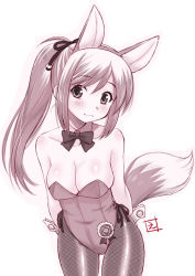 Rule 34 | 1girl, animal ears, arms behind back, bare shoulders, blush, bow, bowtie, breasts, bunny day, cleavage, closed mouth, copyright request, covered navel, detached collar, ebifly, extra ears, fishnet pantyhose, fishnets, hairband, large breasts, leaning forward, leotard, looking at viewer, monochrome, nontraditional playboy bunny, pantyhose, playboy bunny, ponytail, side-tie leotard, simple background, smile, solo, standing, tail, white background, wrist cuffs
