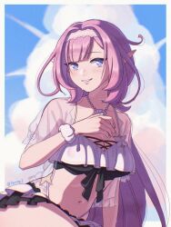 Rule 34 | 1girl, bikini, blue eyes, blue sky, blush, breasts, cleavage, cloud, cloudy sky, collarbone, commentary request, day, elysia (honkai impact), elysia (miss pink elf) (honkai impact), frilled jacket, frills, hairband, hand up, highres, honkai (series), honkai impact 3rd, jacket, long hair, medium breasts, navel, open clothes, open jacket, outdoors, parted lips, pink hair, scrunchie, see-through, sky, smile, solo, swimsuit, tsuume, twitter username, very long hair, white bikini, white hairband, white scrunchie, wrist scrunchie