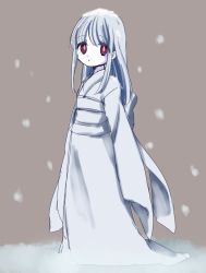 Rule 34 | 1girl, :o, blue kimono, brown background, hair between eyes, highres, japanese clothes, kai himo, kimono, long hair, long sleeves, looking at viewer, obi, original, pale skin, parted lips, red eyes, sash, silver hair, sketch, sleeves past fingers, sleeves past wrists, snow, snow on head, snowing, solo, wide sleeves, yuki onna