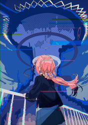 Rule 34 | 1girl, absurdres, against railing, black jacket, blue skirt, blue sky, braid, cloud, cogecha, commentary request, day, facing away, flat color, floating hair, from behind, glitch, highres, jacket, long hair, long sleeves, low twintails, original, outdoors, pink hair, railing, skirt, sky, solo, twin braids, twintails, virtual youtuber
