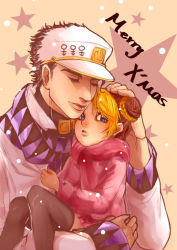 Rule 34 | black hair, blonde hair, blue eyes, carrying, child, child carry, coat, double bun, father and daughter, hand on another&#039;s head, hat, hug, jojo no kimyou na bouken, kotone (kneesuppliers), kuujou jolyne, kuujou joutarou, merry christmas, multicolored hair, pleated skirt, scarf, skirt, star (symbol), starry background, thighhighs, turtleneck, two-tone hair, aged down, zettai ryouiki