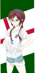 Rule 34 | 1girl, 2014 fifa world cup, bad id, bad pixiv id, brown hair, collarbone, crest, den (kur0 yuki), england, english flag, eyelashes, glasses, green eyes, hairband, hands on own hips, looking at viewer, low twintails, makinami mari illustrious, neon genesis evangelion, outline, pale skin, rebuild of evangelion, red-framed eyewear, shirt, shorts, simple background, soccer, soccer uniform, solo, sportswear, t-shirt, thighs, twintails, white shirt, world cup