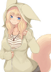 Rule 34 | 1girl, batta (kanzume quality), blonde hair, blue eyes, blush, breasts, collarbone, fox girl, fox tail, hood, hoodie, jewelry, long hair, looking at viewer, medium breasts, nib pen (medium), open clothes, open hoodie, original, pendant, ring, shirt, sleeves past wrists, smile, solo, striped clothes, striped shirt, tail, traditional media, unzipped, wavy hair, wedding band