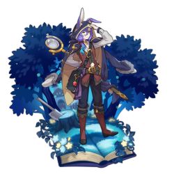 Rule 34 | 1boy, animal ears, axe, bag, book, boots, dragalia lost, flower, forest, full body, hand on head, hood, hood up, looking at viewer, midriff peek, nature, non-web source, norwin, official art, purple hair, rabbit ears, saitou naoki, smile, staff, transparent background, tree, tree stump, yellow eyes