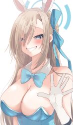 Rule 34 | 1girl, :d, animal ears, asuna (blue archive), asuna (bunny) (blue archive), bare shoulders, blue archive, blue bow, blue eyes, blue leotard, bow, breasts, cleavage, collarbone, commentary request, detached collar, elbow gloves, fake animal ears, gloves, grin, halo, highres, large breasts, leotard, light brown hair, long bangs, long hair, looking at viewer, mole, mole on breast, official alternate costume, open mouth, playboy bunny, rabbit ears, sidelocks, simple background, sleeveless, smile, solo, strapless, strapless leotard, waving, white background, white gloves, yahagi (yui1251)