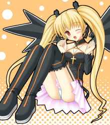 Rule 34 | bare shoulders, blonde hair, blush, boots, breasts, choker, cleavage, cross, elbow gloves, garter belt, gloves, hair ornament, jewelry, long hair, necklace, open mouth, pachira, panties, pantyshot, pointy ears, red eyes, renkin san-kyuu magical pokaan, sitting, skirt, thigh boots, thighhighs, twintails, uehiro, underwear, very long hair, white panties, wink