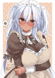 Rule 34 | 1girl, absurdres, alternate costume, apron, black nails, blush, breasts, brown dress, collared shirt, dark-skinned female, dark skin, dated, dress, embarrassed, enmaided, glasses, gradient nails, grey-framed eyewear, grey hair, hair between eyes, highres, jewelry, kantai collection, large breasts, long hair, long sleeves, looking at viewer, maid, mashiro yukiya, musashi (kancolle), musashi kai ni (kancolle), pointy hair, puffy long sleeves, puffy sleeves, rectangular eyewear, red eyes, ring, semi-rimless eyewear, shirt, signature, smile, solo, twintails, two side up, wedding ring