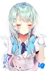 Rule 34 | 1girl, :&lt;, bad id, bad pixiv id, bang dream!, blue necktie, blush, breasts, closed eyes, closed mouth, collared shirt, facing viewer, gloves, green hair, hair ornament, hand up, heart, highres, hikawa sayo, long hair, medium breasts, necktie, shirt, short necktie, short sleeves, solo, taya oco, twitter username, very long hair, white background, white gloves, white shirt