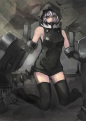 Rule 34 | 10s, 1girl, absurdres, black rock shooter, black thighhighs, female focus, highres, hood, mechanical arms, no shoes, riftgarret, short hair, single mechanical arm, sleeveless, solo, strength (black rock shooter), thighhighs, white hair, yellow eyes