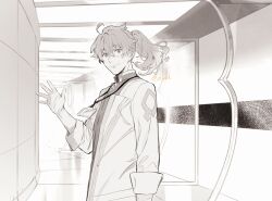 Rule 34 | 1boy, ahoge, blush, closed mouth, coat, commentary request, crossed bangs, fate/grand order, fate (series), floating hair, greyscale, hair between eyes, highres, id card, indoors, lab coat, long hair, long sleeves, looking at viewer, male focus, messy hair, monochrome, n oel, open clothes, open coat, ponytail, romani archaman, sleeves rolled up, smile, solo, twitter username