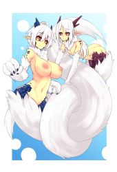 Rule 34 | 2girls, absurdres, ahoge, animal hands, ass, bare shoulders, black sclera, blue background, breasts, claws, colored sclera, eyebrows, flat chest, fur, gradient background, highres, horns, hugging another&#039;s tail, hugging tail, intertwined tails, lamia, large breasts, long hair, looking at viewer, monster girl, multiple girls, navel, nipples, nude, orange eyes, original, pointy ears, scales, shenti (sub-res), short hair, smile, sub-res, tail, white hair