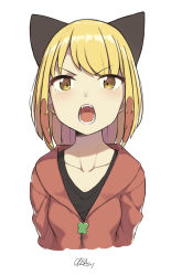Rule 34 | 1girl, absurdres, angry, animal ears, arms at sides, artist name, black shirt, blonde hair, blouse, blush, breasts, cat ears, cat girl, cloba, clover, collarbone, commentary request, cropped torso, eyes visible through hair, fangs, hair ornament, highres, jacket, long sleeves, looking at viewer, lower teeth only, medium breasts, open mouth, original, red jacket, shirt, simple background, solo, t-shirt, teeth, tongue, upper body, upper teeth only, uvula, v-neck, v-shaped eyebrows, white background, yellow eyes